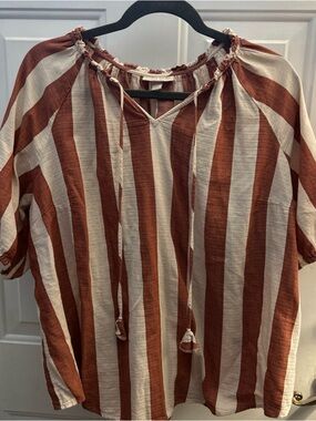Knox Rose Women's Sz XXL Striped Puff Sleeve V Neck 100% COTTON Boho Top